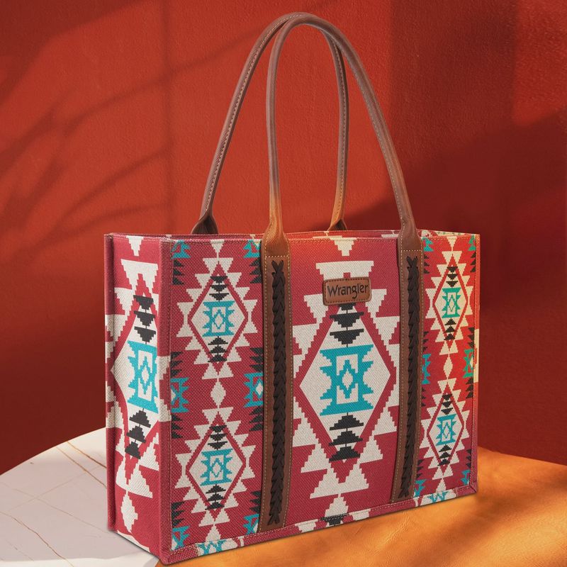 Wrangler Southwestern Pattern Dual Sided Print Canvas Wide Tote Burgundy