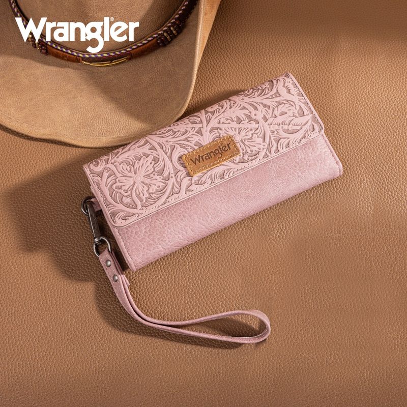 Wrangler Western Floral Tooled Tri-fold RFID Wristlet--Various Colors