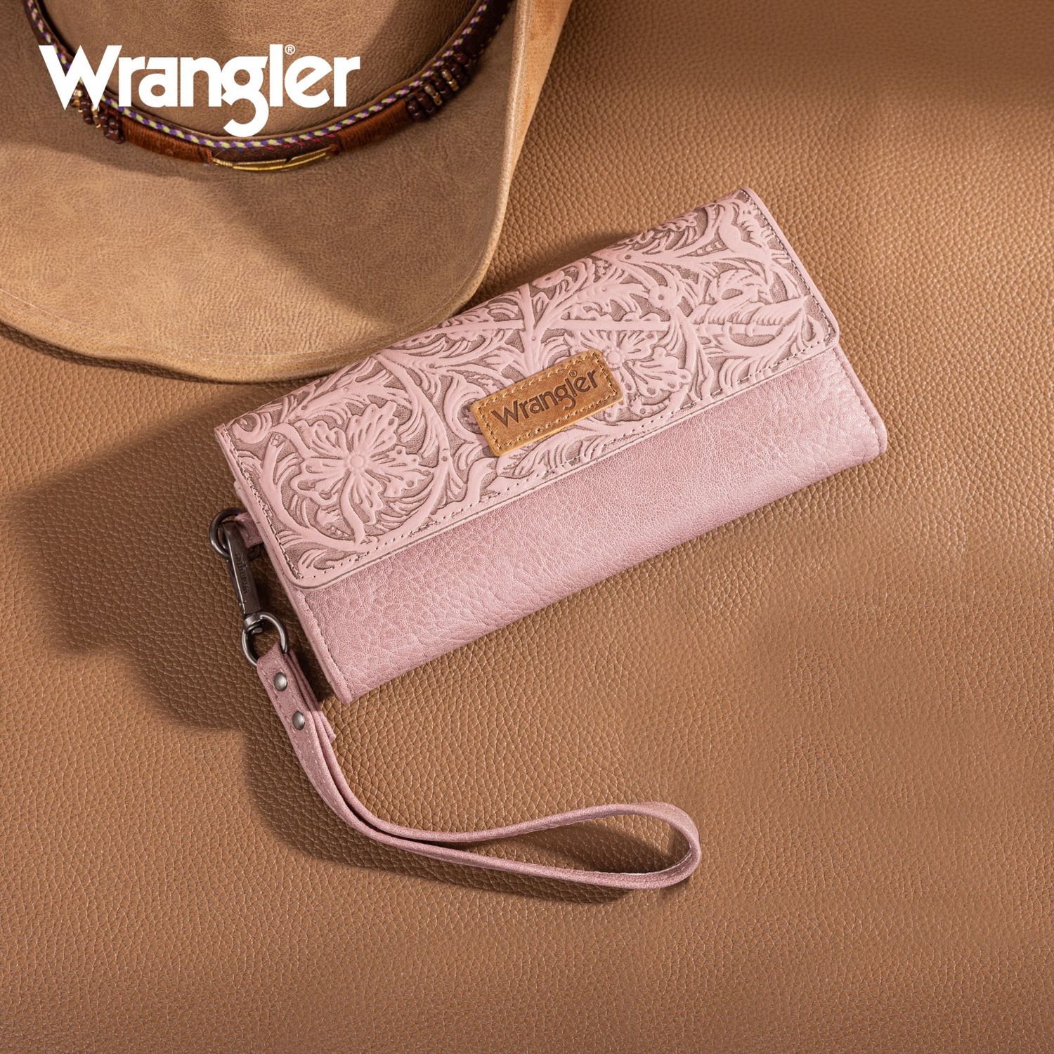 Wrangler Western Floral Tooled Tri-fold RFID Wristlet--Various Colors, Color: Pink