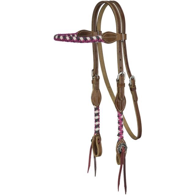 Wool String Browband Headstall, Color: Magenta/Cream/Gray