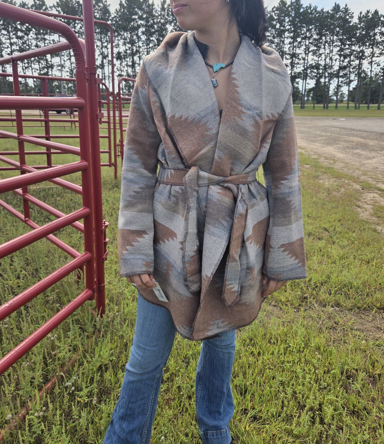 Navajo Tie Front Blanket Wrap Jacket W/ Hood
