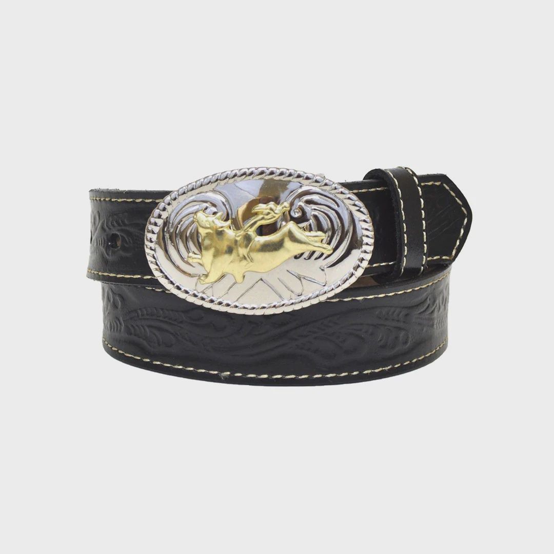 Western Bullrider Tooled Leather Belt-Black