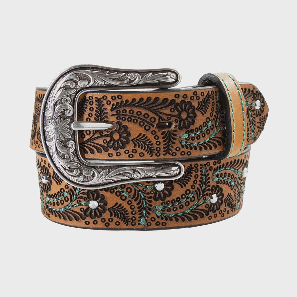 Girls Turquoise Stitch Paisley Brown Western Belt