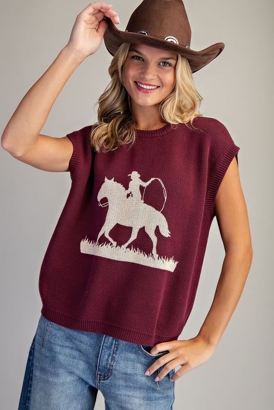 Western Graphic Cap Sleeve Sweater