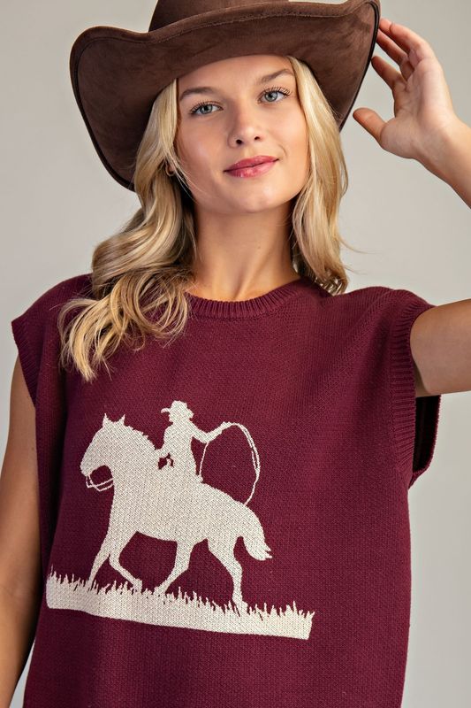Western Graphic Cap Sleeve Sweater