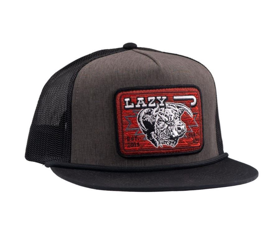 Lazy J Ranch Cowpoke Trucker Hat, Color: Charcoal Grey/Black/Red