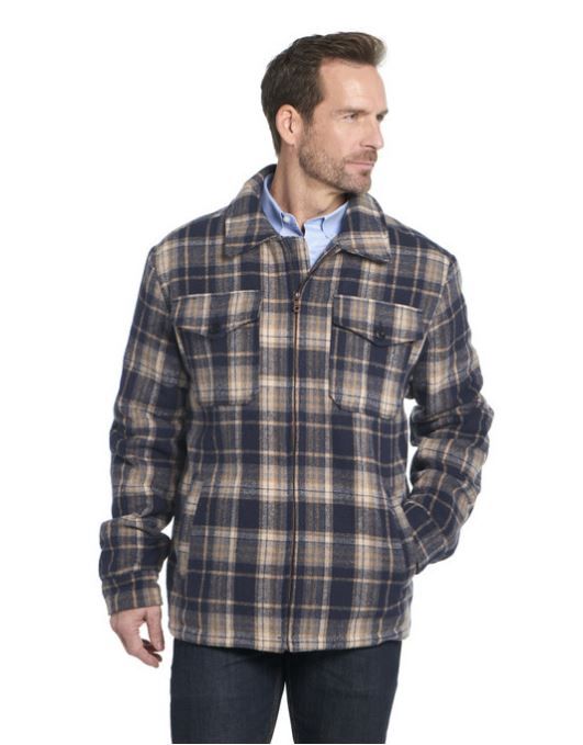 Zip Front Plaid Blanket Shirt Jacket W/ Faux Sherpa Lining