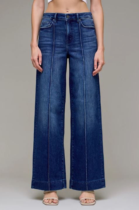 Nori Dark Wash Pintuck High Rise Wide Leg