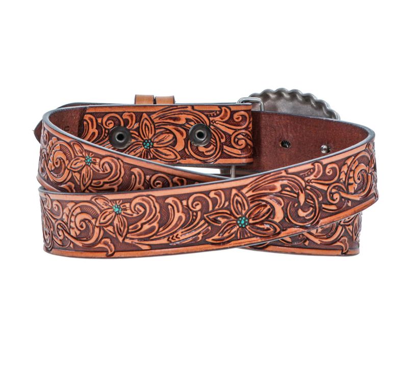 Youth Girls "Medina" Classic Hooey Belt Brown/Turquoise w/Turquoise Rodeo Buckle