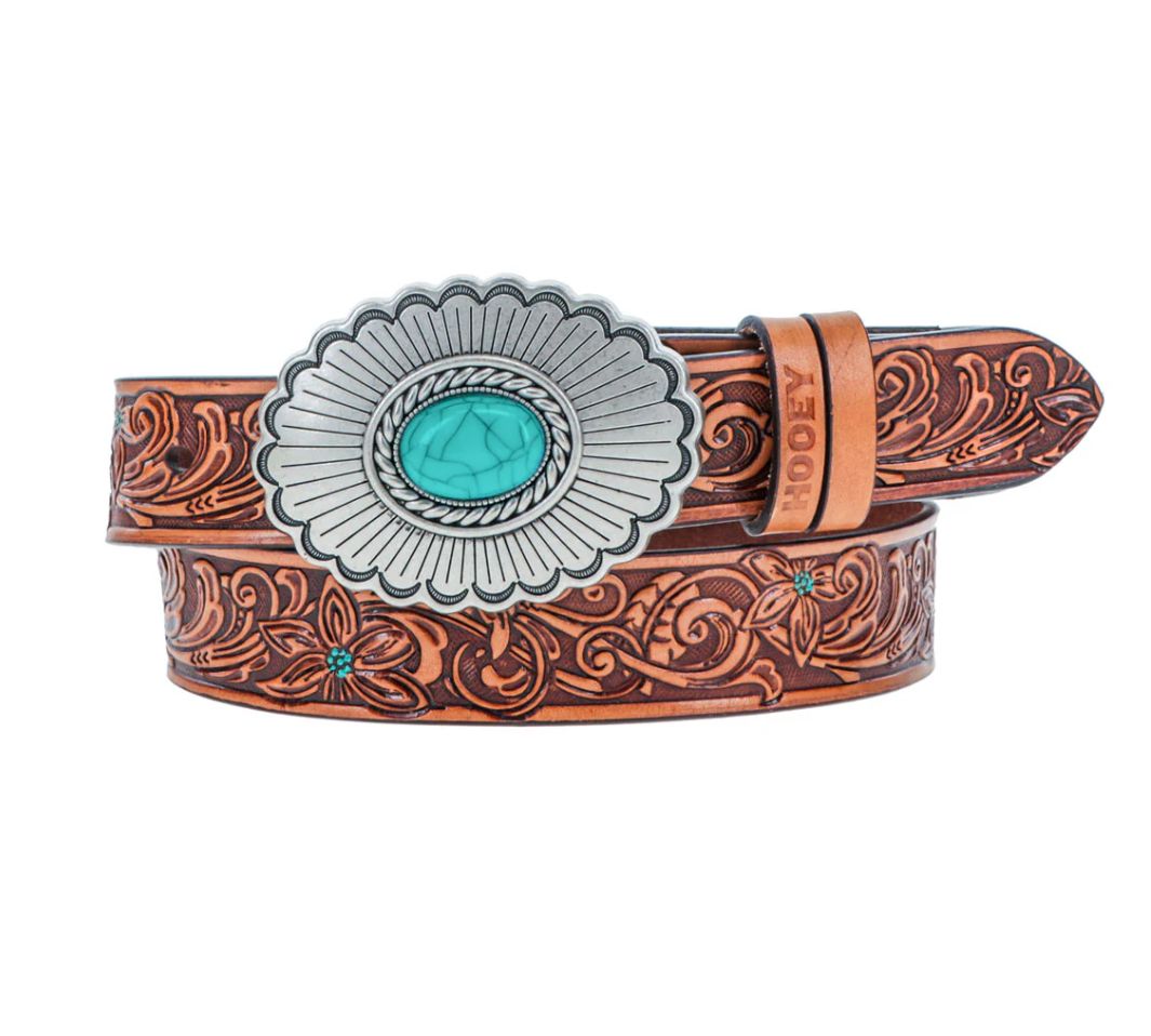 Youth Girls &quot;Medina&quot; Classic Hooey Belt Brown/Turquoise w/Turquoise Rodeo Buckle