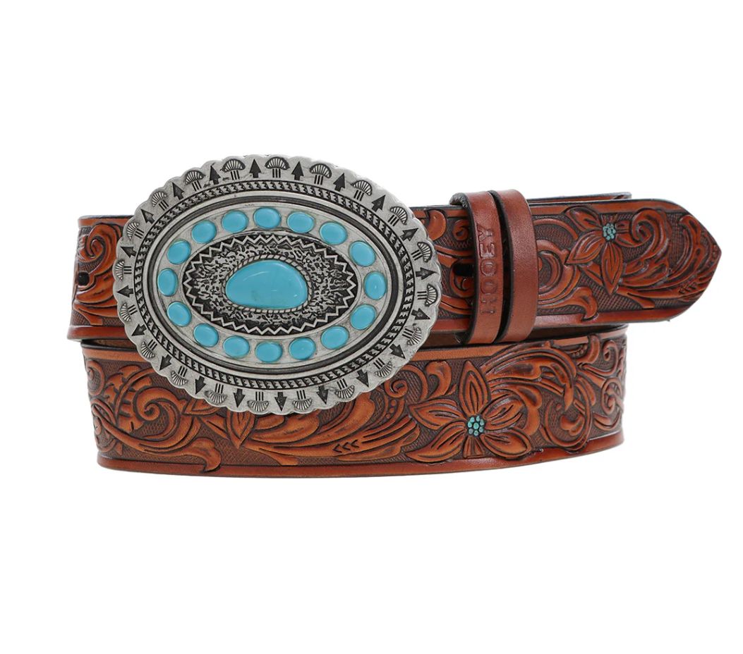 &quot;Medina&quot; Classic Hooey Ladies Belt Brown/Turquoise w/Turquoise Rodeo Buckle