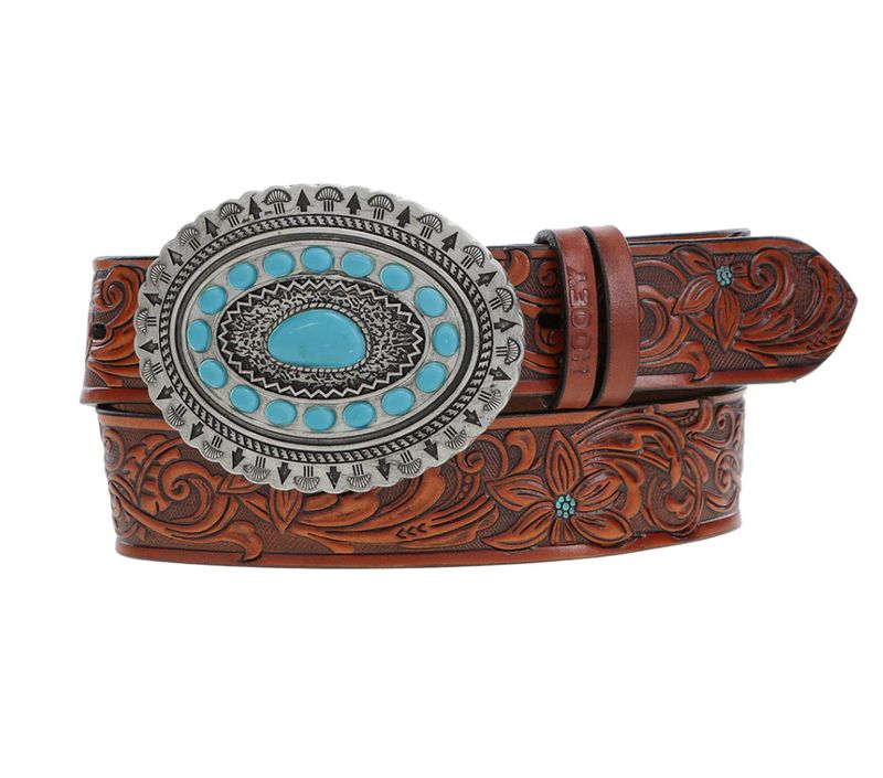 &quot;Medina&quot; Classic Hooey Ladies Belt Brown/Turquoise w/Turquoise Rodeo Buckle