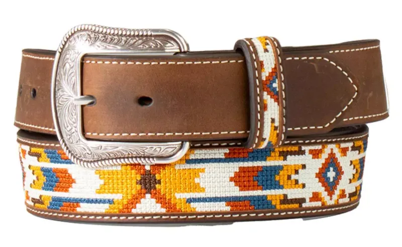 3D Men's Belt Leather Multicolor Embroidered Inlay