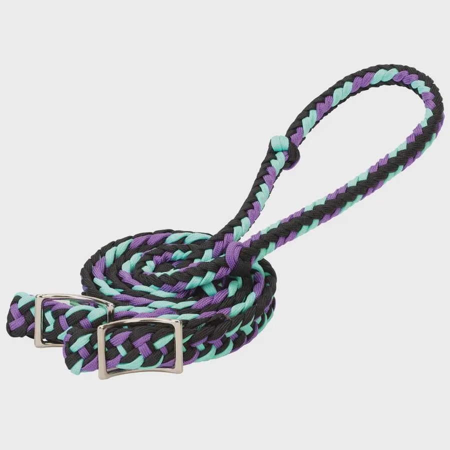 Braided Nylon Barrel Reins [Assorted Colors], Color: Black/Purple/Mint