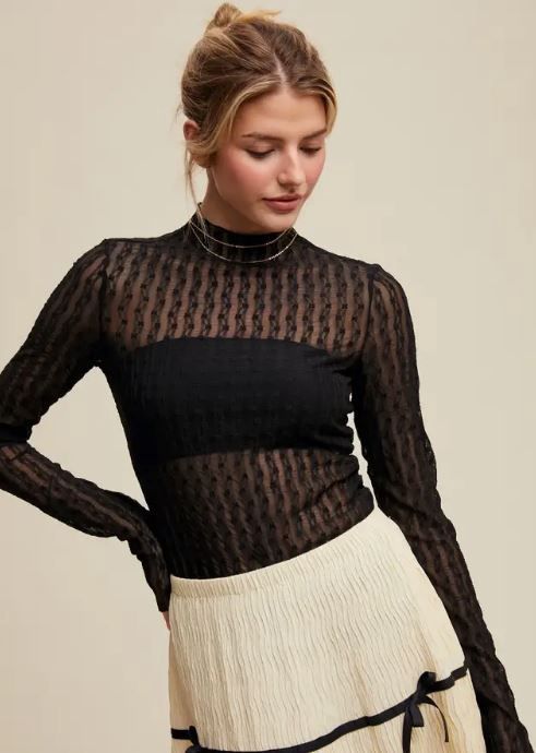 Semi Sheer Textured Lace Long-Sleeve Layering Top