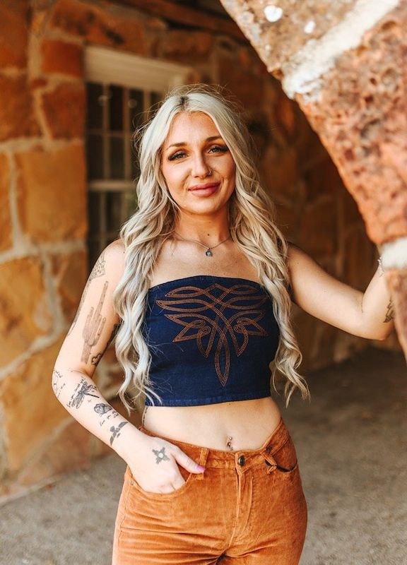 Dark Wash Camel Boot Stitching Embroidered Corset Top