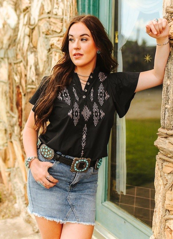 Black Embroideredd Ruffle Shirt