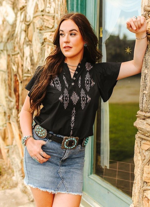 Black Embroideredd Ruffle Shirt