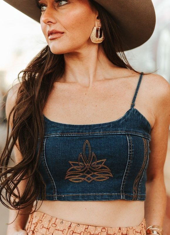 Rustic Embroidered Denim Crop Top