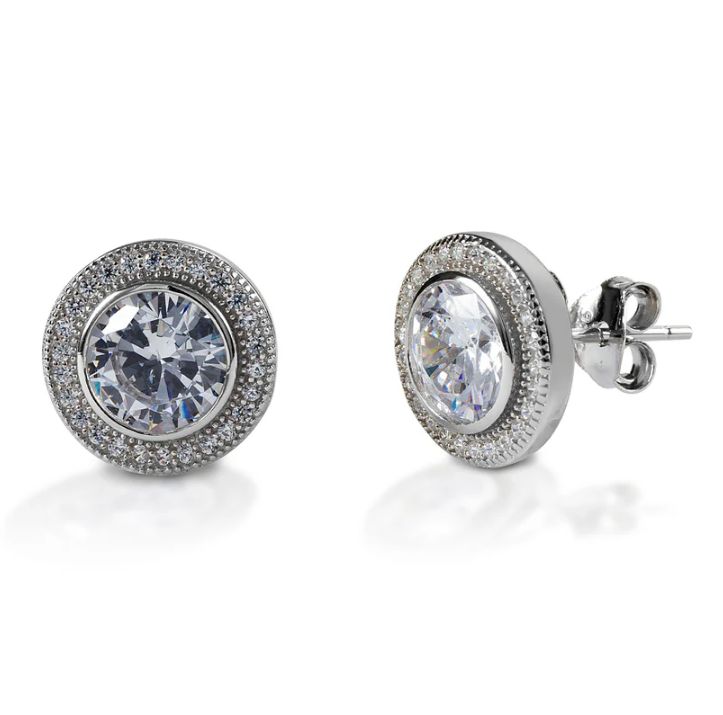 Kelly Herd Round Bezel Set Pave Earrings - Sterling Silver