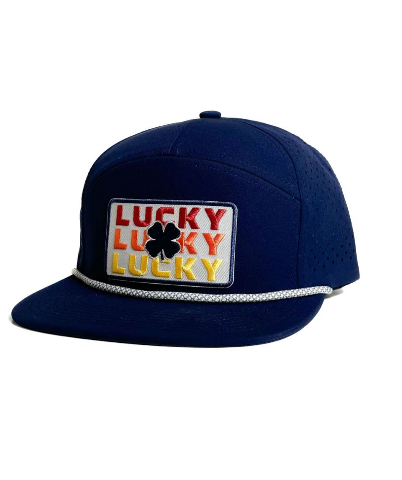 White Lucky Trio Patch 7 Panel Hat with Rope