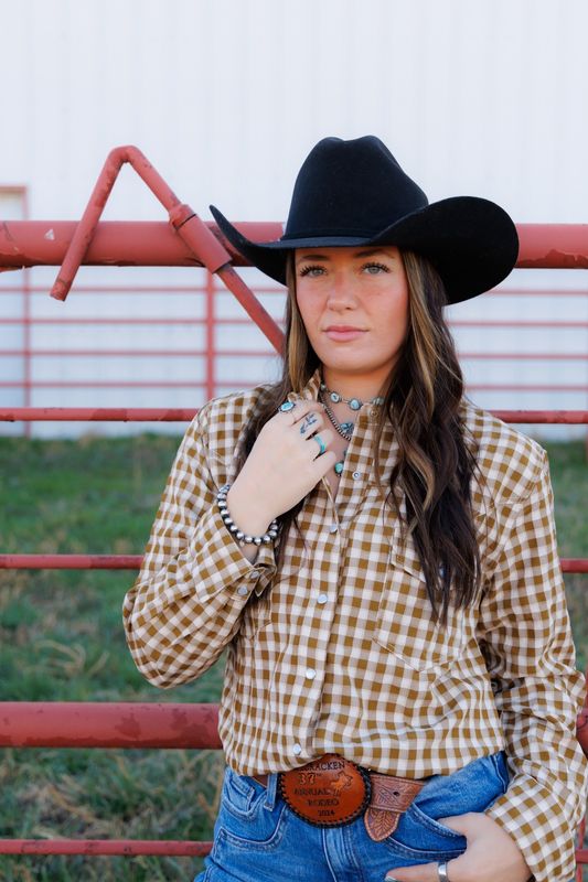 Brown Gingham Pearl Snap