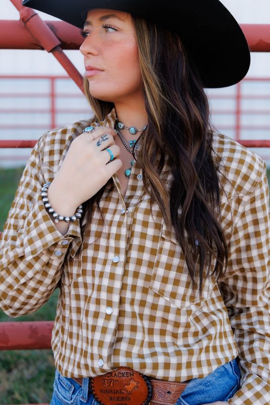 Brown Gingham Pearl Snap