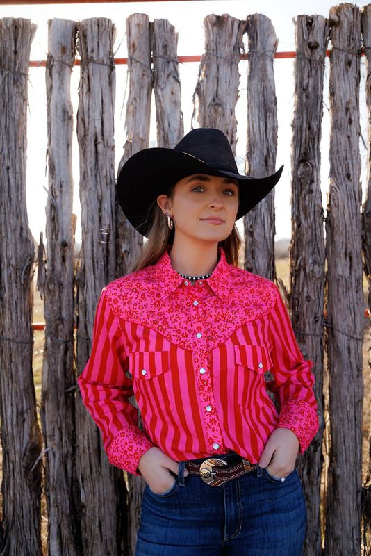 Red Pink Flower Stripe Pearl Snap