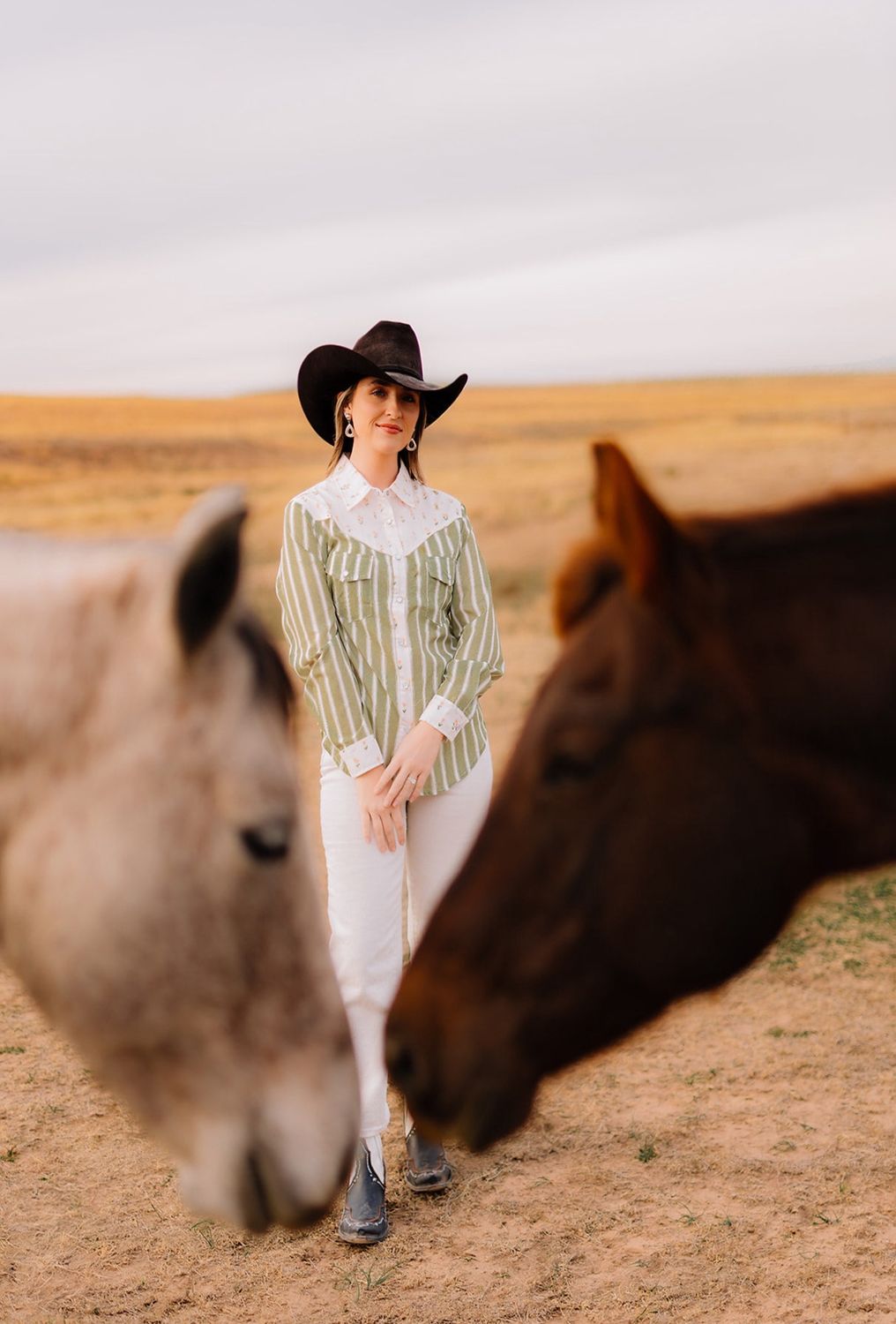 Olive Floral Stripe Pearl Snap