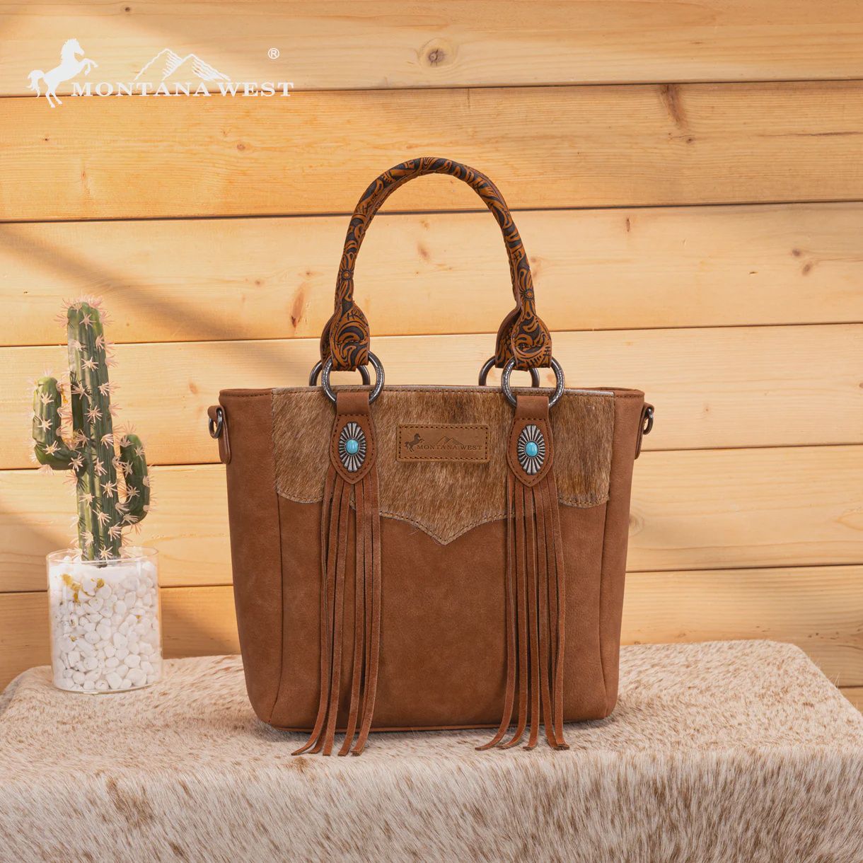 Montana West Hair-On Hide Concealed Carry Tote Bag with Tooled Strap, Color: Brown
