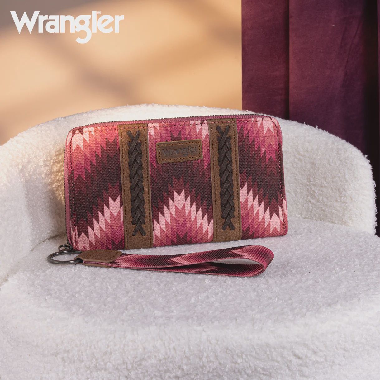 Wrangler Southwestern Art Print Wallet, Color: Dark Pink