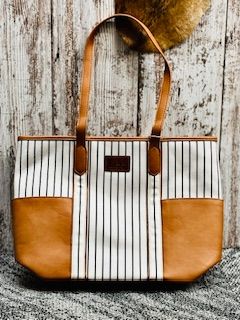 Women's Stripe Logo Tote With Side Pockets, Color: Beige