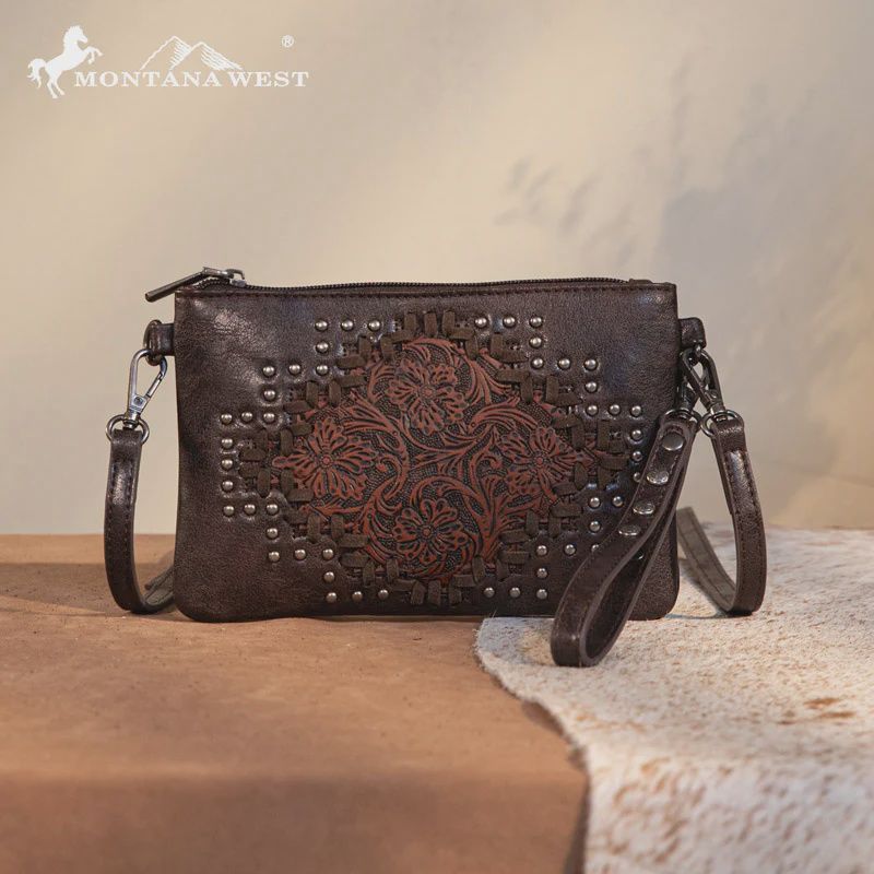 Montana West Tooled Studded Crossbody, Color: Coffee