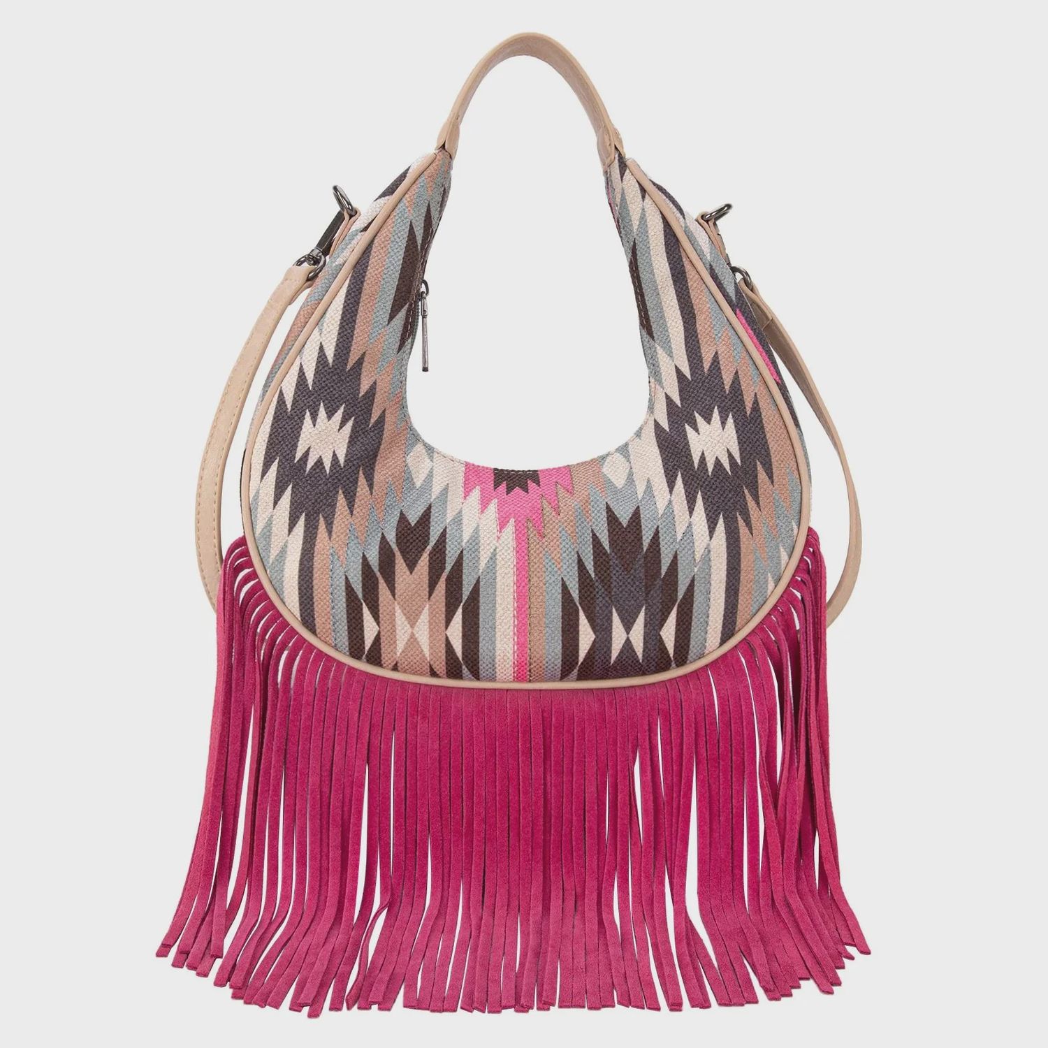 Aztec Fringe Crescent Crossbody Bag