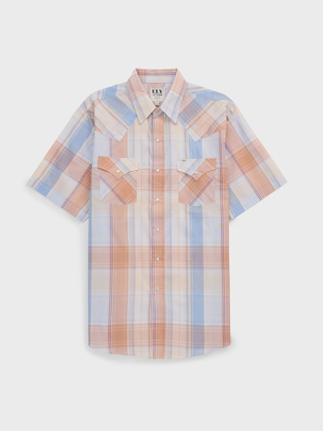 Men's Ely Cattleman Short Sleeve Light Blue Plaid Western Snap Shirt