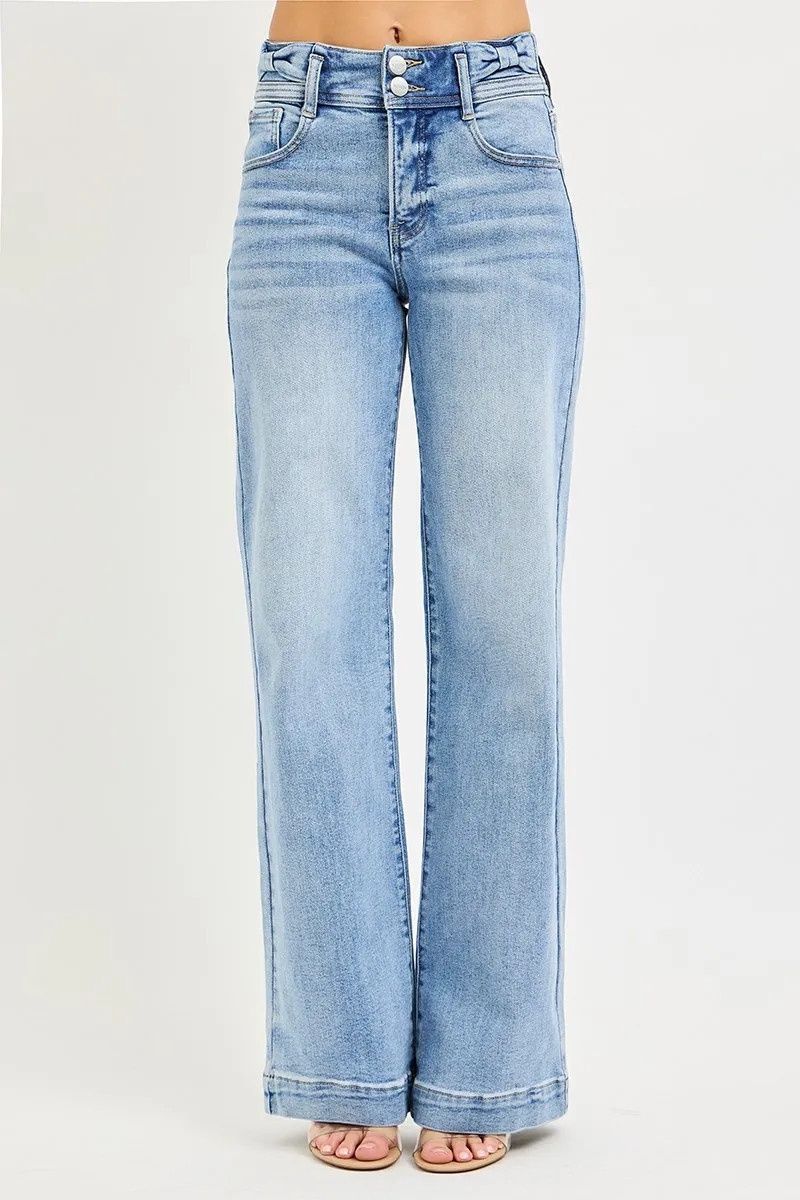 Jeans, Tummy Control High Rise Wide Leg Bow Waistband Light Wash