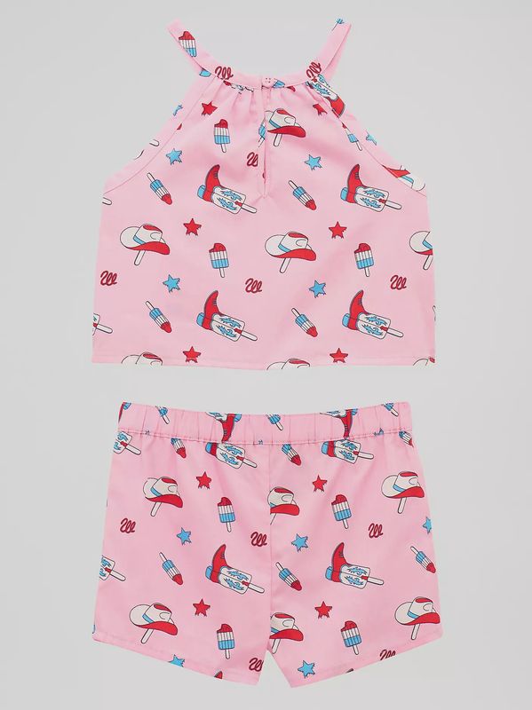 Little Girl's Western Print Shorts Set-Pink