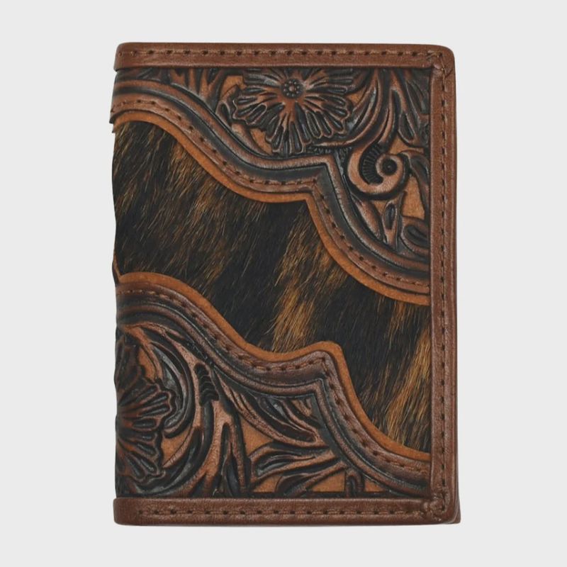 Justin Men's Trifold Leather Rodeo Floral Tooling And Brindle Hair Wallet