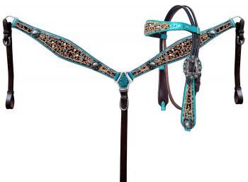Hair on Cheetah w/Metallic Teal Accent Browband Headstall &amp; Breast Collar Set
