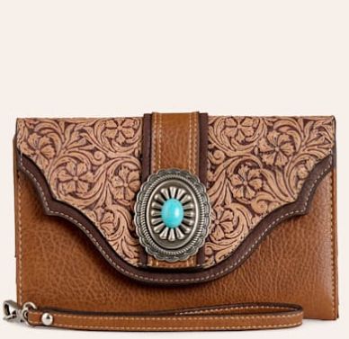 Justin Brown Floral Tooled Concho Wristlet Wallet