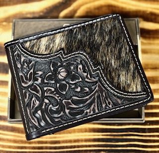 JUSTIN MENS GENUINE LEATHER BIFOLD WALLET FLORAL TOOLING W/HAIR ON YOKE