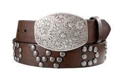 Nocona Ladies Belt 1 1/2 Studded Howdy Brown