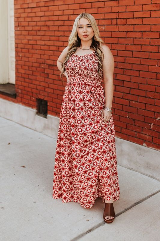 Red Ivory Aztec V Neck Smocked Spaghetti Strap Dress