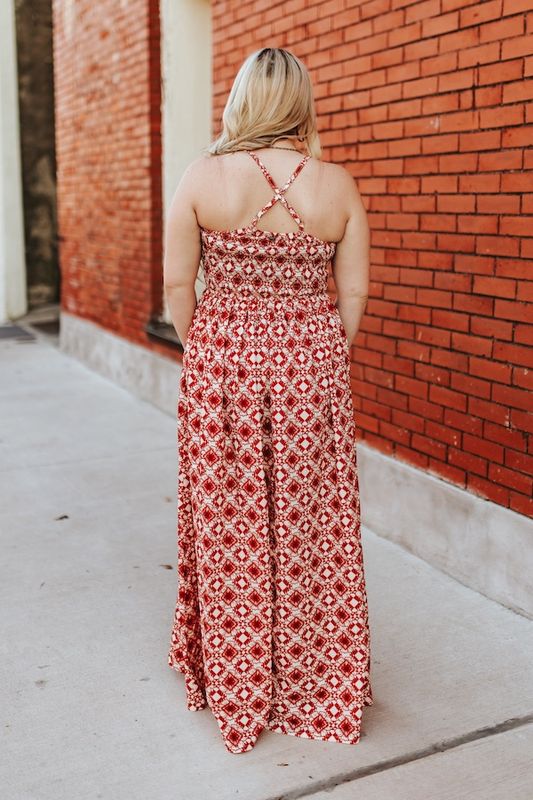 Red Ivory Aztec V Neck Smocked Spaghetti Strap Dress