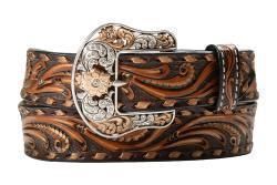 Angel Ranch Ladies Belt 1 1/2 Scroll Tooled Brown