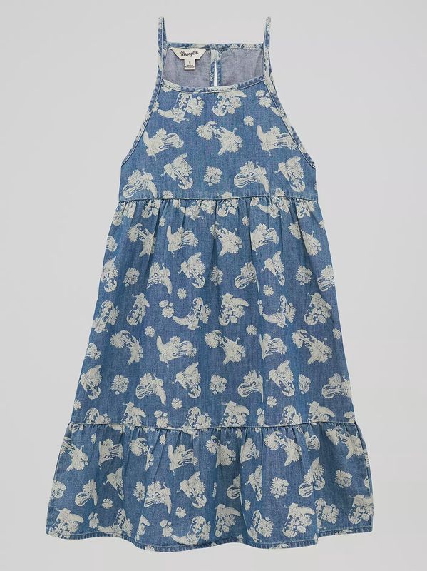Girl's Sleeveless Printed Denim Swing Dress