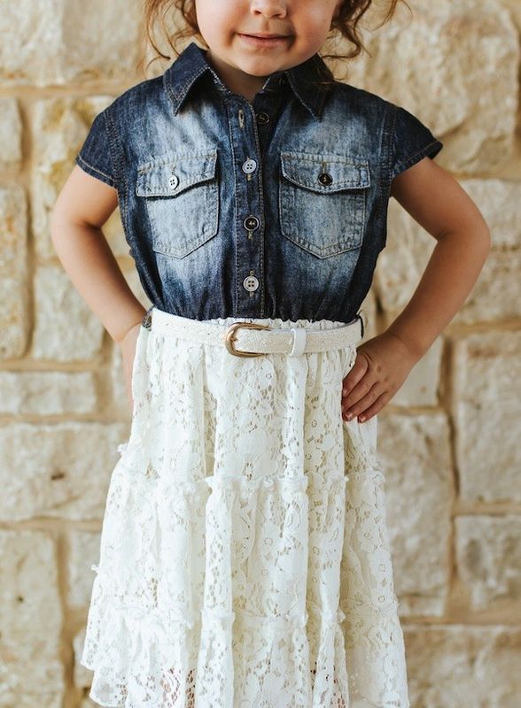 Girls Denim &amp; Lace Tiered Dress
