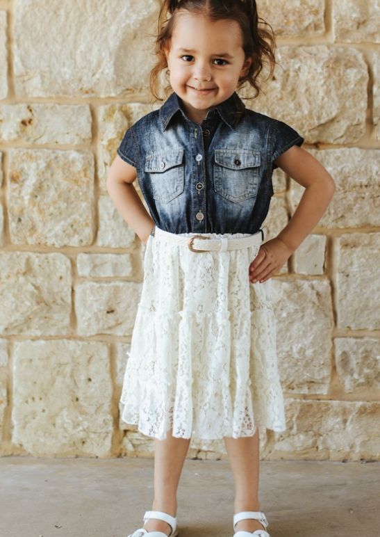 Girls Denim &amp; Lace Tiered Dress