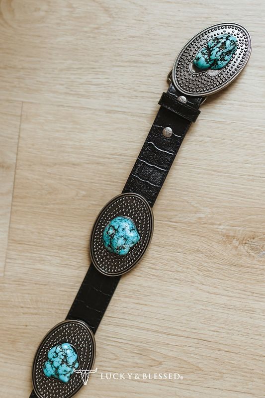 Black Genuine Leather Concho Turquoise Cluster Belt