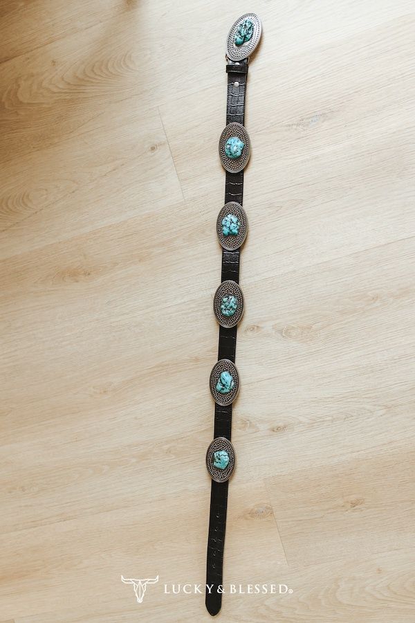 Black Genuine Leather Concho Turquoise Cluster Belt